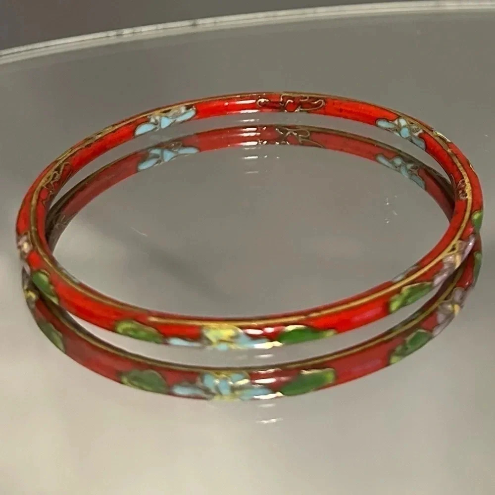 2 for $30 💎💟Women’s Vintage Cloisonné Hand Painted Floral Bangle Bracelet 8” - Picture 1 of 11